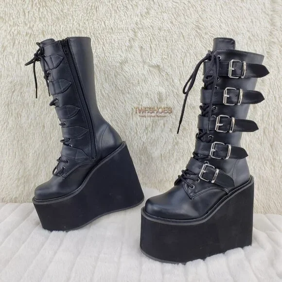 Swing 220 Multi Buckle Black Matte Leatherette Goth Mid-Calf Boot 5.5" Platforms - Picture 5 of 13